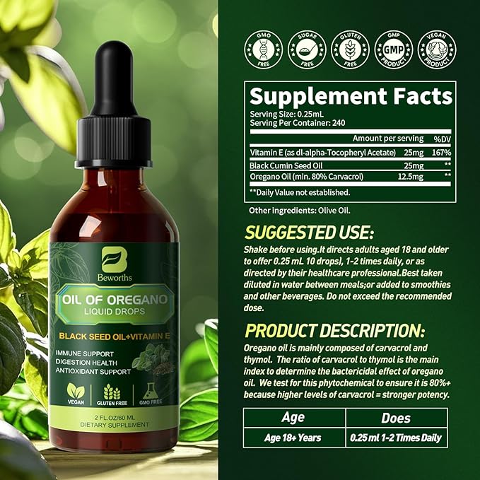 B BEWOTHS 2PACK Oregano Oil Drops Oil of Oregano with Black Seed Oil Vitamin E Carvacrol Oregano Liquid Herbal Blend for Immune Antioxidant Digestive Gut Cleanser Kidney Health Support - 4 Fl Oz