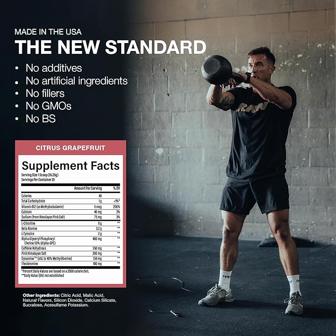 RAW Pre-Workout Powder Essential CHARGED (Citrus Grapefruit) - Preworkout Supplement for Men Women - Supports Focus Mood Performance - Caffeine Alpha-GPC L-Citrulline Beta Alanine (25 Servings)
