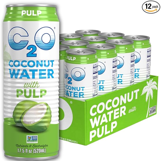 C2O - Coconut Water with Pulp (12 Pack) - Made with Fresh Coconut Water - Plant Based - Non GMO - Canned Water - Natural Hydration Essential Electrolytes &amp Potassium - 12 Cans 17.5 FL OZ