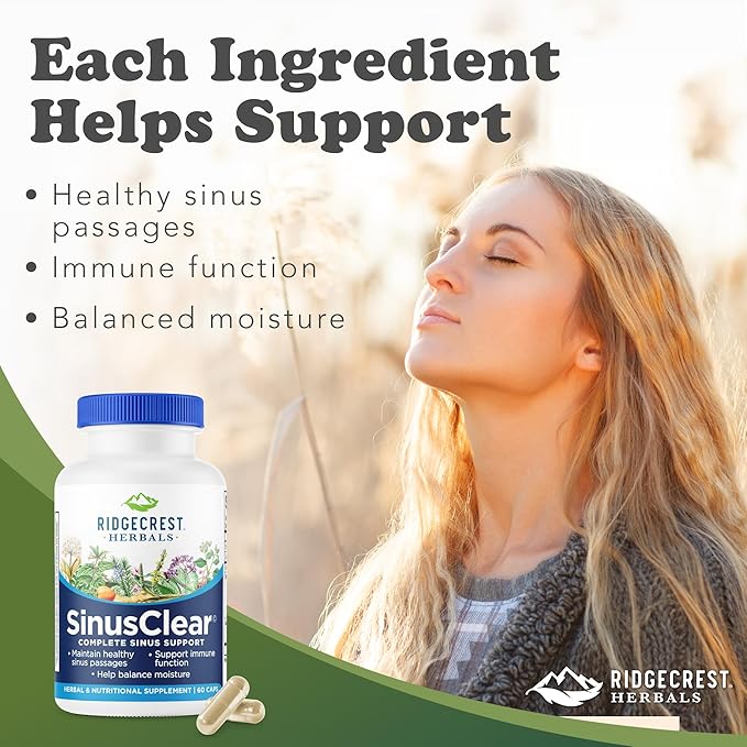 RidgeCrest Herbals SinusClear Complete Formula for Sinus and Nasal Health with Mullein Leaf Bromelain Vitamin C and Zinc for Healthy Mucus Immune &amp Respiratory Support (60 Veg Caps 30 Serv