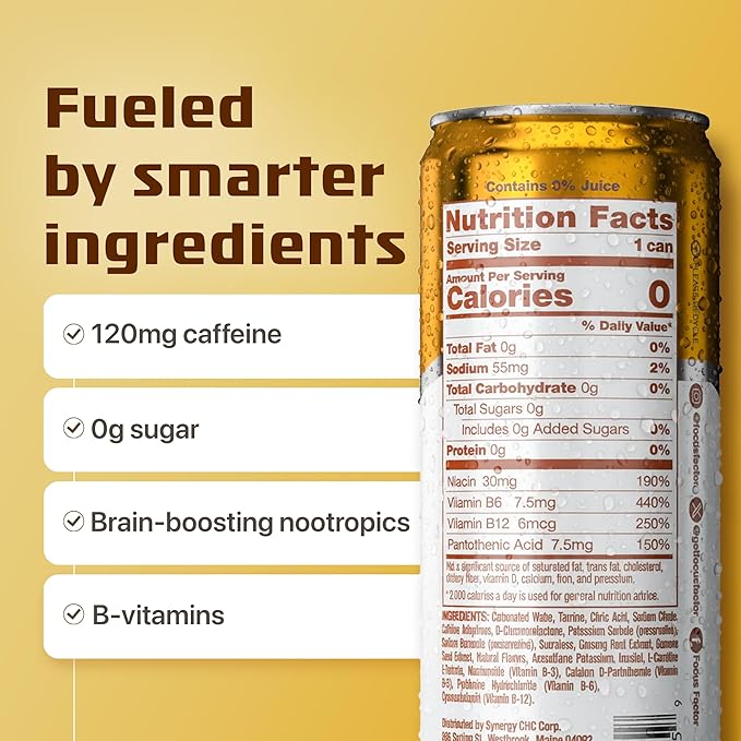 Focus Factor Energy Drink - 12 x 355ml Cans (Pineapple Paradise Flavor) - with Focus + Energy - Lightly Carbonated Sugar Free Low Calorie with Vitamin B6 &amp Vitamin B12