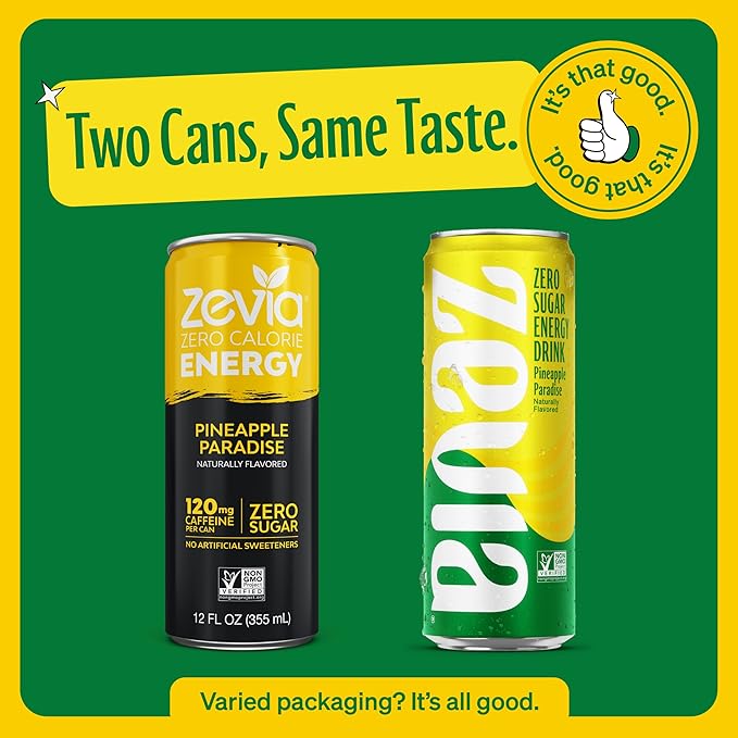 Zevia Zero Sugar Energy DrinkPineapple Paradise12 oz Cans – Naturally SweetenedNon-GMO Project VerifiedGluten-FreeVegan(Pack of 24)