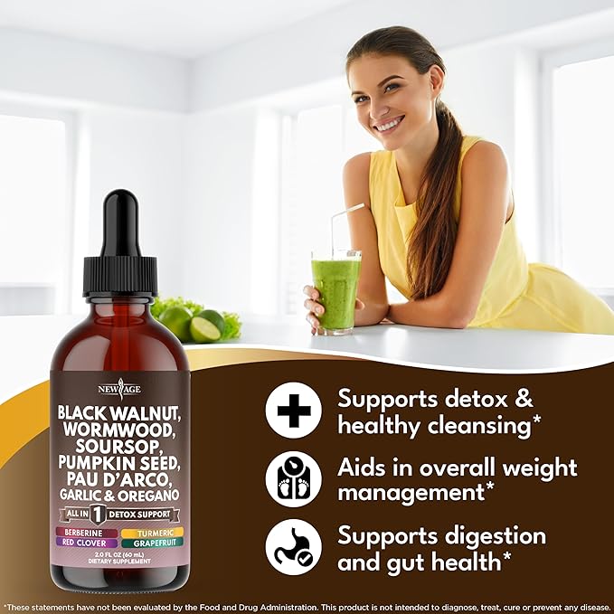 Black Walnut Wormwood Cleanse Drops - Liquid Soursop Garlic Pumpkin Seed PAU D'Arco Oil of Oregano Turmeric Berberine Neem Extract Hull Bark Tincture - 8oz