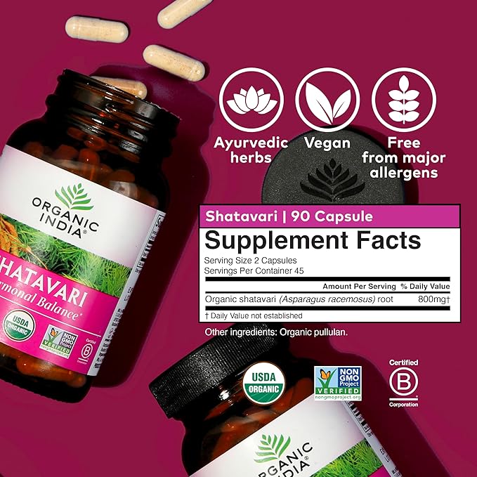 ORGANIC INDIA Shatavari Herbal Supplement - Supports Hormonal Balance Immune and Inflammatory Response Vegan Gluten-Free USDA Organic Supports Reproductive Health - 90 Capsules