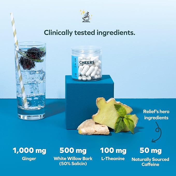 Cheers Relief | Next Morning Aid with Ginger + White Willow Bark | Feel Better After Drinking | 24 Doses | Ginger White Willow Bark L-Theanine Caffeine