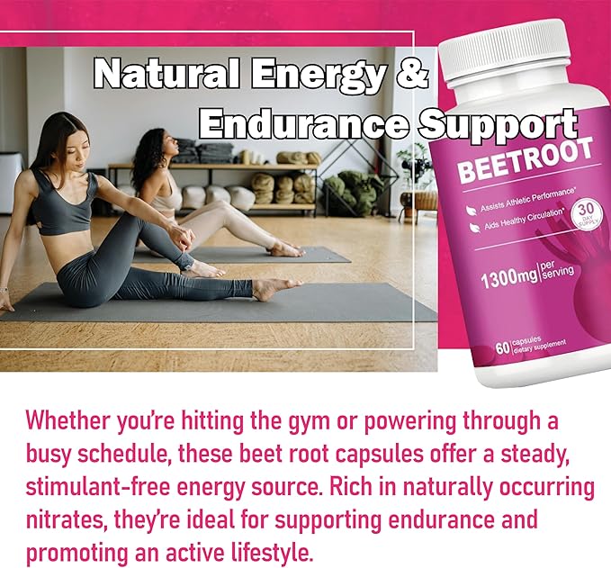 Beet Root Capsules – 1300mg Beetroot Powder for Natural Energy &amp Endurance Support Non-GMO 60 Capsules 30-Day Supply (2pcs)
