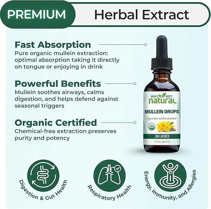 USDA Organic Mullein Drops for Lungs - Leaf Extract Tincture Supplement