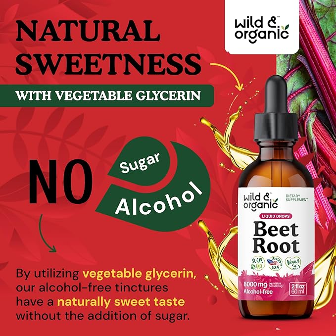 Wild &amp Organic Beet Root Tincture - 8000 mg Fresh Beetroot Extract Equivalent - Liquid Beet Root Supplements for Men &amp Women - 400 mg per Serving - Vegan Alcohol &amp Sugar-Free - 2 fl oz