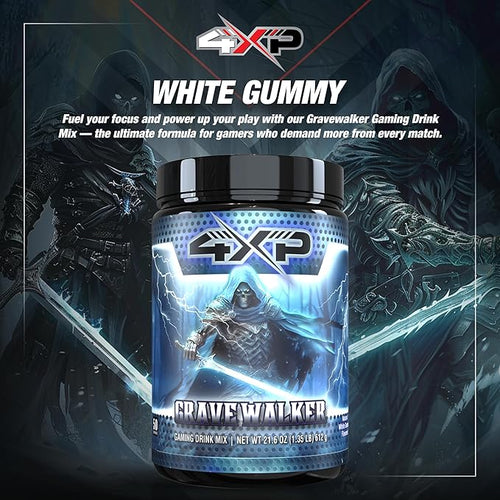 4XP Gravewalker White Gummy Gaming Energy Drink Mix| Low-Caffeine Nootropic Powder with B Vitamins &amp White Gummy Flavor for Gamers | 50-Serving Container