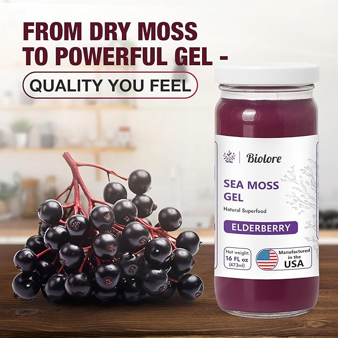 Biolore Wildcrafted Sea Moss Gel - Elderberry 16 oz - Flavored Sea Moss Gel with Essential Vitamins &amp Trace Minerals - Vegan Superfood - Made in USA Gluten-Free No Added Sugar
