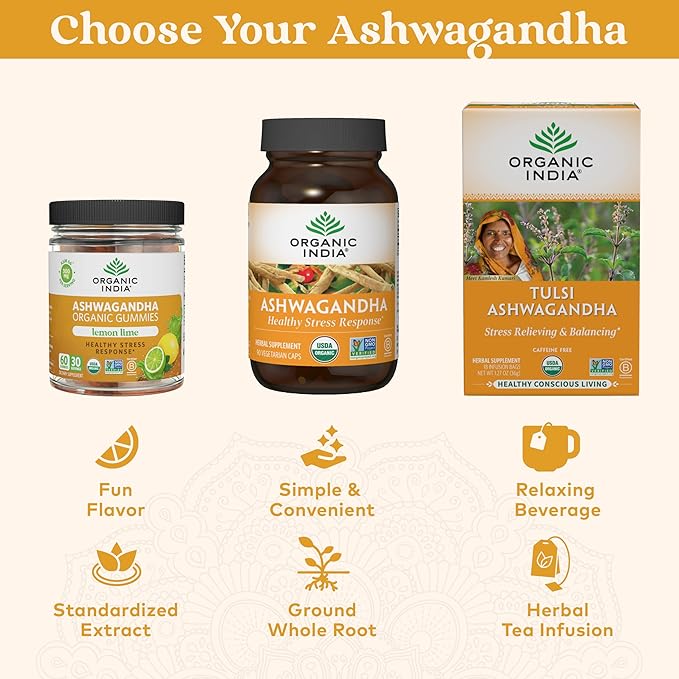 ORGANIC INDIA Ashwagandha Gummies for Men &amp Women - Stress Supplement KSM-66 Ashwagandha Root Extra Strength Calm Chews Vegan Non-GMO - Lemon Lime 60 Gummies