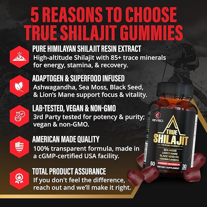 Himalayan Natural Shilajit Gummies for Men – Made in USA True Gold Pure Himalayan Shilajit for Men Gummies Energy &amp Focus Support with Ashwagandha &amp Sea Moss Vegan 60 Count
