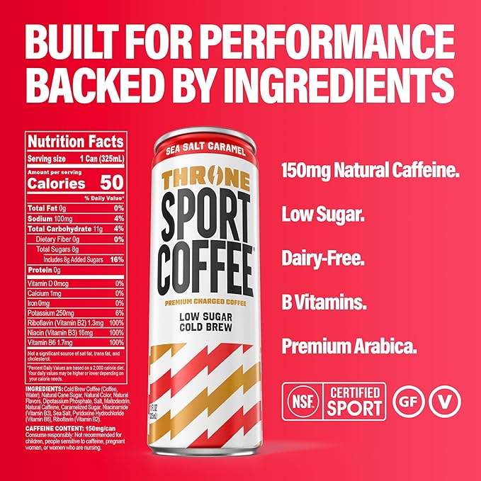 Throne Sport Coffee Cold Brew – Low Sugar. 150mg Natural Caffeine and B Vitamins – Dairy-Free Low Calorie –Premium Arabica NSF Certified Active Lifestyles – Sea Salt Caramel 12 Pack