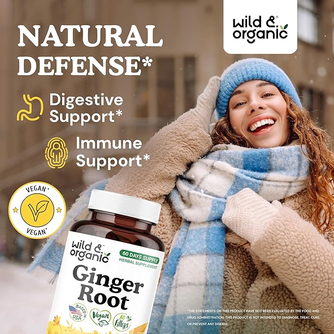 Wild &amp Organic Ginger Root Capsules 1200 mg - Immune &amp Digestive Support - Ginger Root Supplement - Zingiber Officinale Powder - 60 Days of Supply - Vegan No Fillers Non-GMO - 120 Count