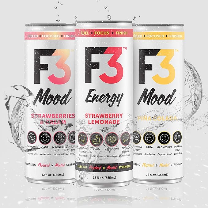 F3 Mood Variety Pack - Functional Sparkling Juice Drink with Powerful Nootropics to Reduce Stress BCAAs for Muscle Recovery and Chamomile &amp Valerian Root for Sleep - Caffeine Free (12 Pack)