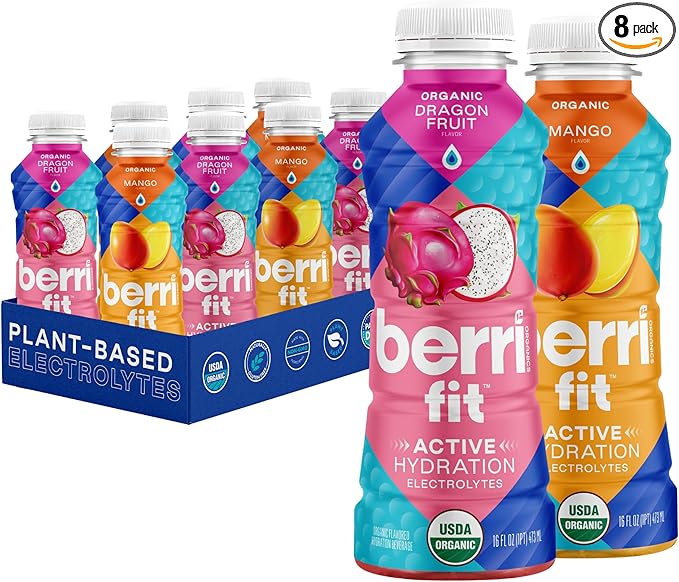 Berri Fit 2-Flavor Variety Pack | Natural Plant-Based Electrolytes - Certified Organic - Non-GMO - Low-Calorie Fitness Beverage - Paleo Friendly| Mango &amp Dragon Fruit - 16oz | Pack of 8