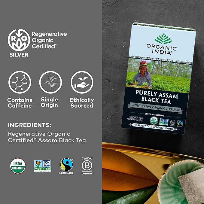 Organic India Purely Assam Black Tea - Caffeinated Herbal Tea Bags with Natural Assam Leaves Enjoy with Milk &amp Sweetener USDA Organic Non-GMO Fairtrade Certified - 18 Bags (Pack of 6)