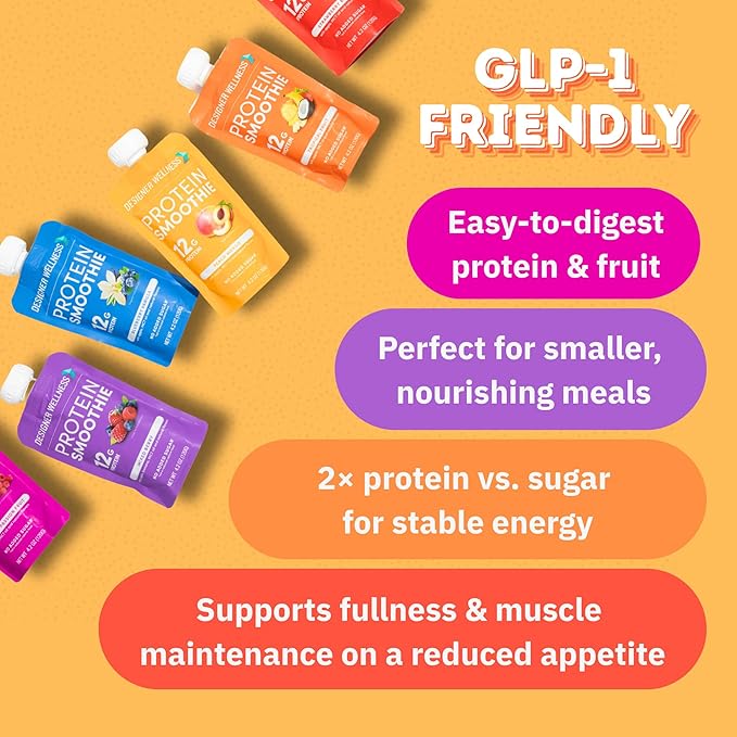 Designer Wellness Protein Smoothie Real Fruit 12g Protein Low Carb Zero Added Sugar Gluten-Free Non-GMO No Artificial Colors or Flavors Blueberry Vanilla 12 Count