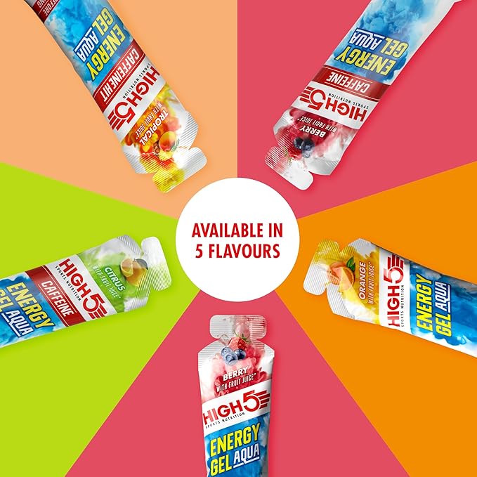 HIGH5 Aqua Caffeine Carbohydrate Gels - Running Supplements for Fast Energy - Natural Fruit Juice - Muscle Gel Endurance Fuel for Cycle Nutrition &amp Energy Gels for Hiking (Berry 20 x 66g)