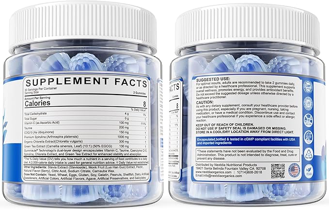 Organic Blue Spirulina Gummies High Phycocyanin from Nutrient-Rich Blue-Green Algae for Antioxidants Cellular Energy &amp Cleanse Superfood w/Chlorella CoQ10 &amp VCTaurineGreen Tea Sugar Fre