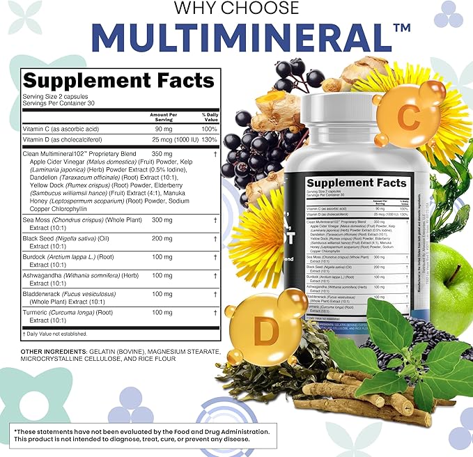 Clean Nutraceuticals Sea Moss Black Seed Oil Ashwagandha Turmeric Bladderwrack Burdock &amp Vitamin C Vitamin D3 with Elderberry Manuka Dandelion Yellow Dock Iodine Chlorophyll ACV - 2Pack (Pack of 2