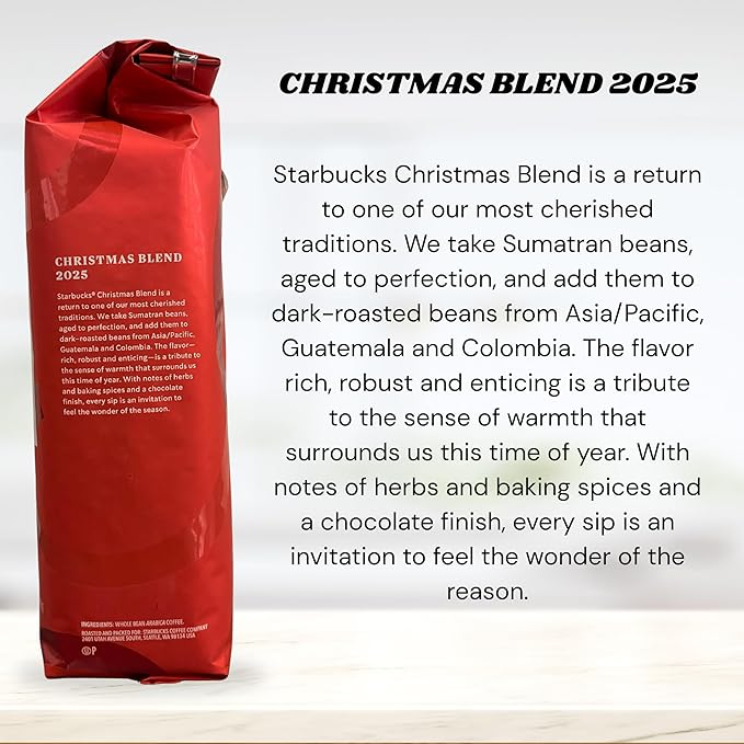 Starbucks Christmas Blend Whole Bean Coffee 16oz Dark Roast 100% Arabica Rich Spiced Chocolate &amp Spruce Notes Limited Holiday Edition Bold Festive Flavor from Sumatra &amp Latin America