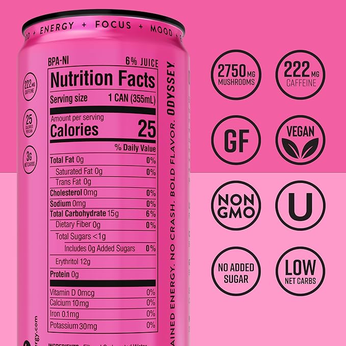 Odyssey Functional Energy Drink for Focus Cognition &amp Mood Support 12 Pack - Adaptogenic Drink with 222mg Green Tea Caffeine Lion’s Mane Cordyceps L-Theanine &amp Ginseng - Sparkling Pink Lem