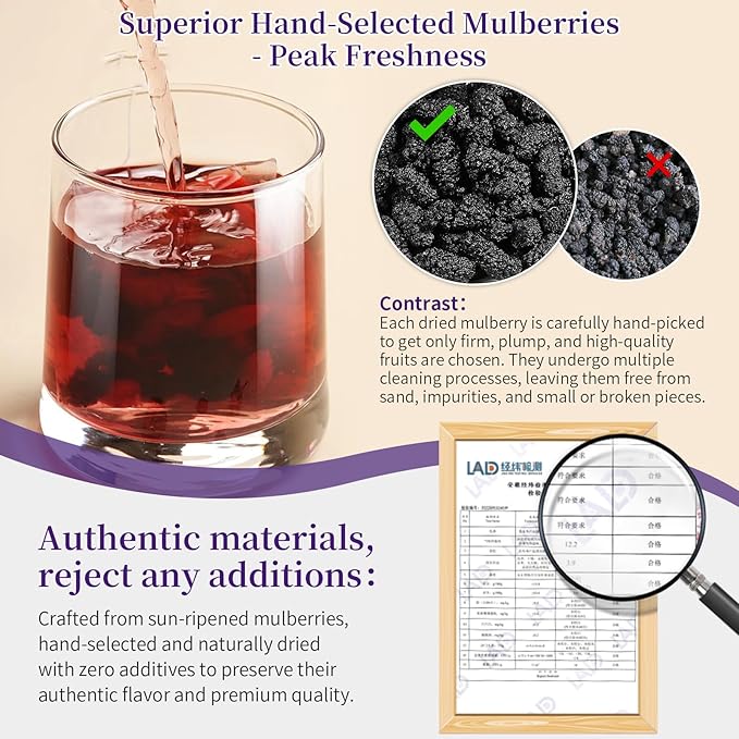 Hee Creek Large Dried Black Mulberries 17.64oz/500g Unprocessed Mulberry Tea No Sulfur Fumigation &amp No Sugar Nourishing and Soothe 黑桑葚 桑葚 黑桑椹干
