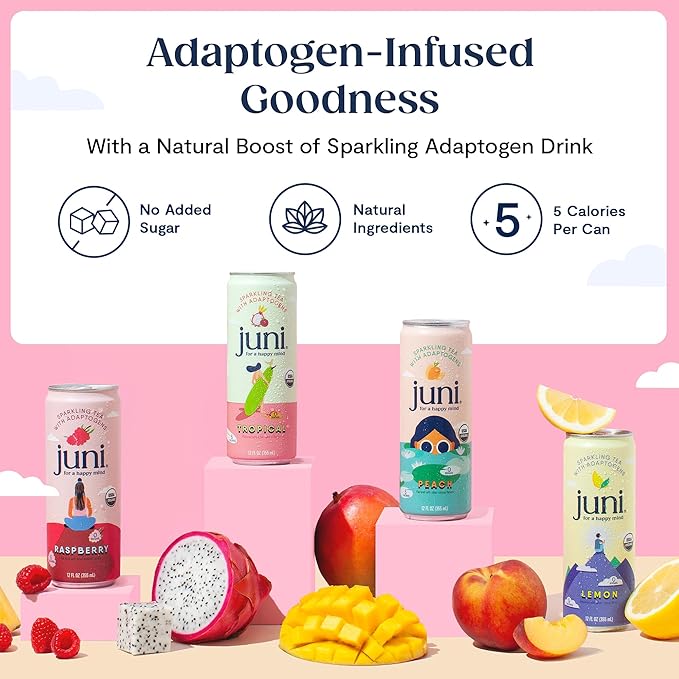 Juni Sparkling Adaptogen Drink with Ashwagandha Lion’s Mane &amp Reishi Mushrooms Green Tea for Focus Zero Sugar 5 Calories Organic Non Alcoholic Drinks - Lemon 12 pack