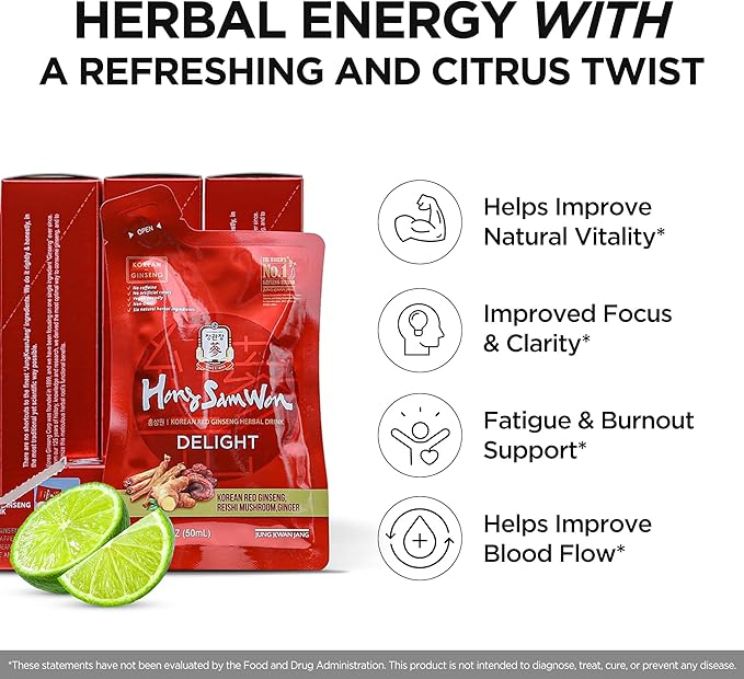 JUNG KWAN JANG Hong Sam Won Delight - Korean Red Ginseng Tea Herbal Energy Drink with Lime Jujube Ginger 3 Vitamins &amp 9 Amino Acids - No Caffeine No Calories No Sugar (30 Pouches 1.69 fl oz)