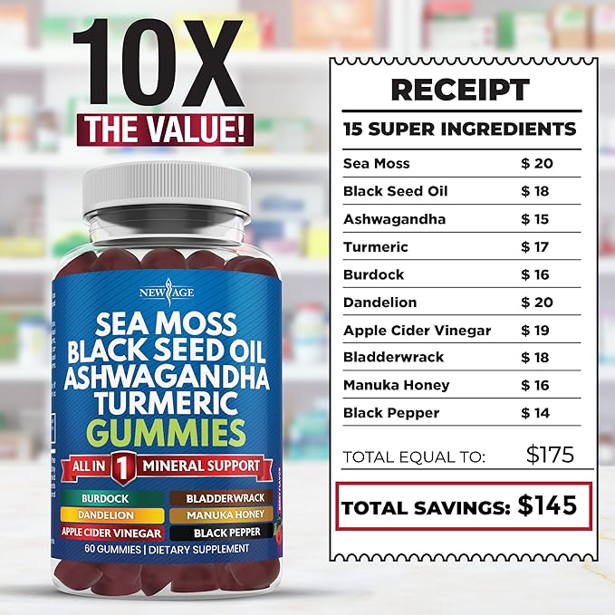 Sea Moss Gummies Sea Moss Black Seed Ashwagandha Turmeric Manuka Honey ACV Dandelion Black Pepper Burdock Bladderwrack Vegan - 120 Count