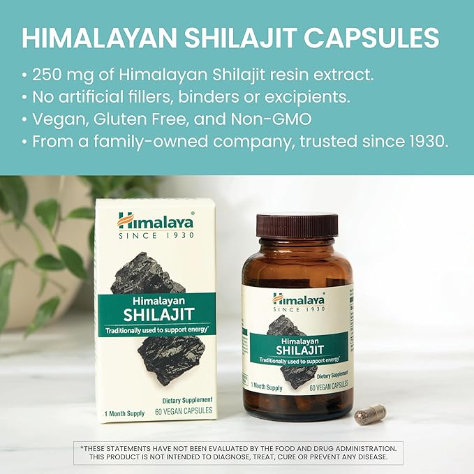 Himalaya Shilajit - Herbal Energy Supplements with Fulvic Acid and 85+ Trace Minerals from Shilajit Resin Vegan Non-GMO Gluten Free 250 mg 60 Capsules