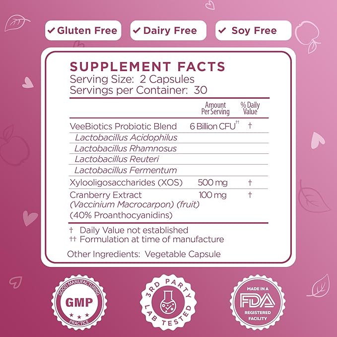 VeeFresh VeeBiotics Cranberry Probiotics for Women - 60 Capsules Women's Probiotics with Prebiotics &amp Cranberry Extract for pH Balance &amp Odor Control Promotes Healthy Vaginal Flora &amp Over