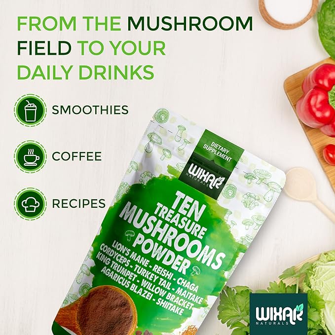 Wixar Mushroom Powder - Ten Treasure Mushrooms Extract Supplement Blend for Coffee &amp Smoothies - Lions Mane Turkey Tail Reishi Chaga Shiitake Cordyceps Complex - 4oz Mushroom Supplement