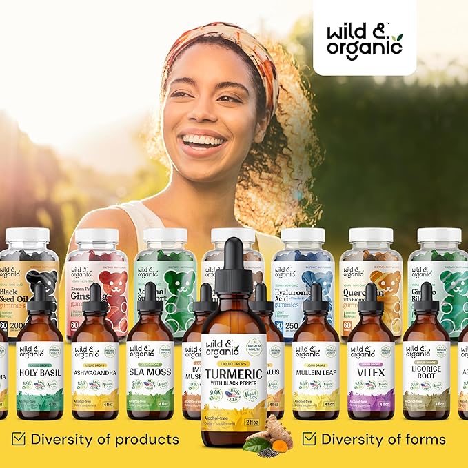 Wild &amp Organic Turmeric Supplement Liquid - Joint Support - Turmeric Curcumin with Black Pepper Extract - Curcumin Root Drops - Vegan Sugar &amp Alcohol-Free Tincture - 2 fl oz