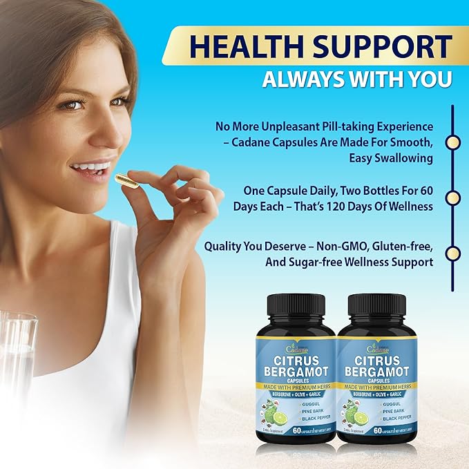 Cadane 2 Packs Citrus Bergamot Extract Capsules with Berberine Olive Guggul Garlic Pine Bark Black Pepper | 4 Months Supply