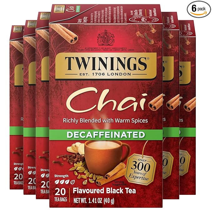 Twinings Decaffeinated Chai Individually Wrapped Bags 20 Count (Pack of 6) Sweet Savoury Spices Enjoy Hot or Iced 120 Teabags