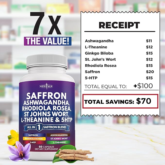 NEW AGE Saffron Supplements with Ashwagandha - Support with L-Theanine Ginkgo Biloba St. John's Wort Rhodiola Rosea &amp 5-HTP - Saffron 60 Count