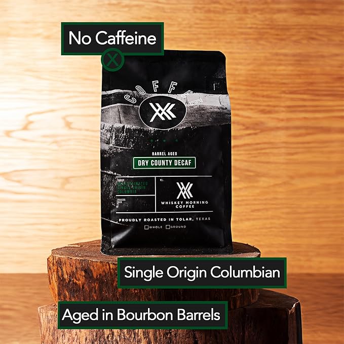 Whiskey Morning Coffee Bourbon Barrel Aged Whiskey Decaf Coffee Whole Bean Medium Roast 100% Arabica Specialty Grade Non-Alcoholic Whiskey Infused Small Batch Texas Roasted 10 oz Bag