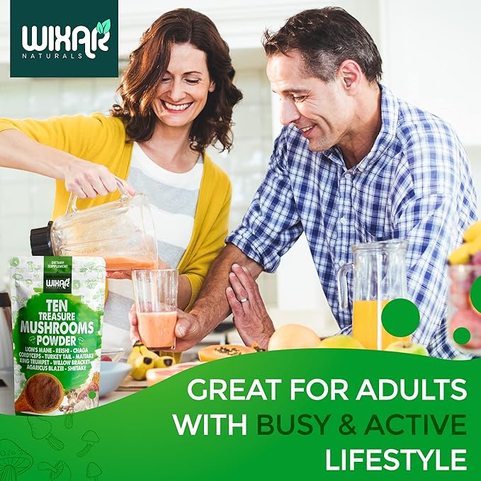 Wixar Mushroom Powder - Ten Treasure Mushrooms Extract Supplement Blend for Coffee &amp Smoothies - Lions Mane Turkey Tail Reishi Chaga Shiitake Cordyceps Complex - 4oz Mushroom Supplement