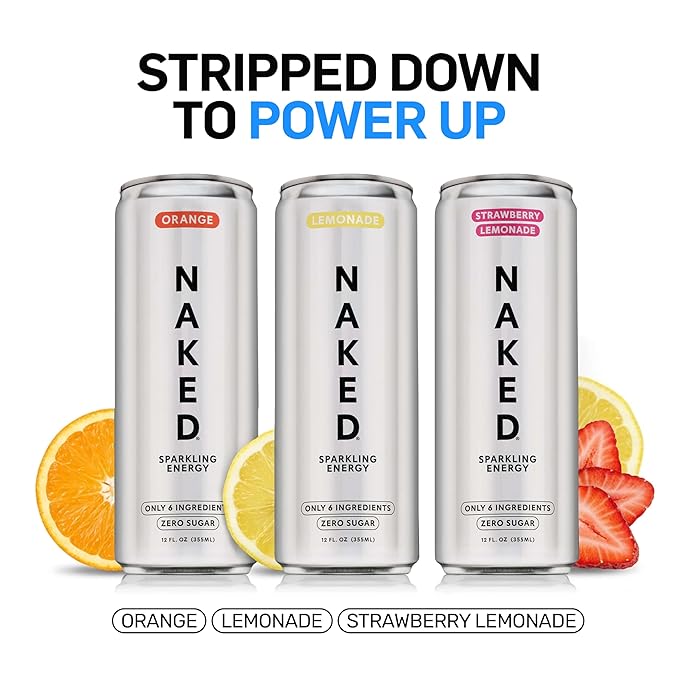 Naked Sparkling Energy Drink - Orange Organic Caffeine Organic Lemon Juice Zero Sugar No Sucralose Naturally Sweetened Clean Energy Drinks Vegan Gluten-Free Non-GMO - 12oz Cans (Pack of 12)
