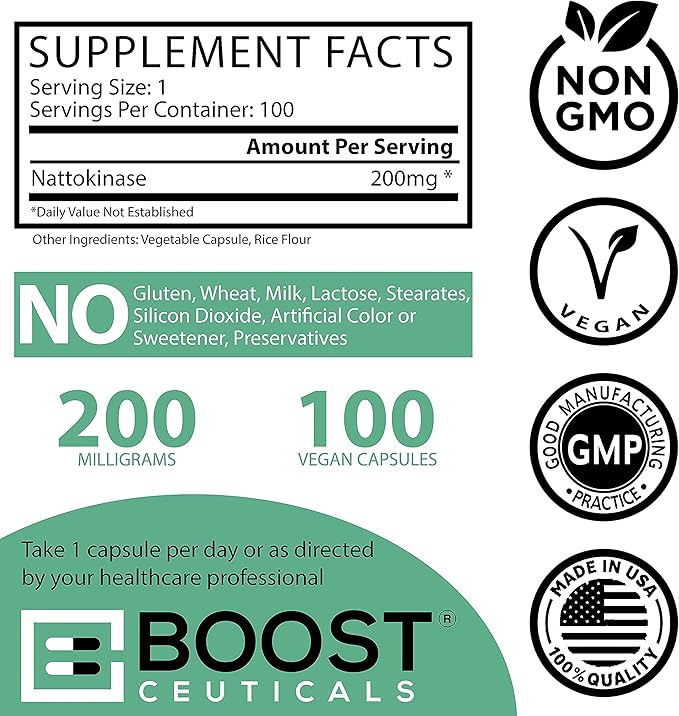Nattokinase 4000 FU 100 Capsules | Vegan No K2 No Fillers | Clean Enzyme for Circulation &amp Blood Thinner &amp Blood Flow Support | BoostCeuticals