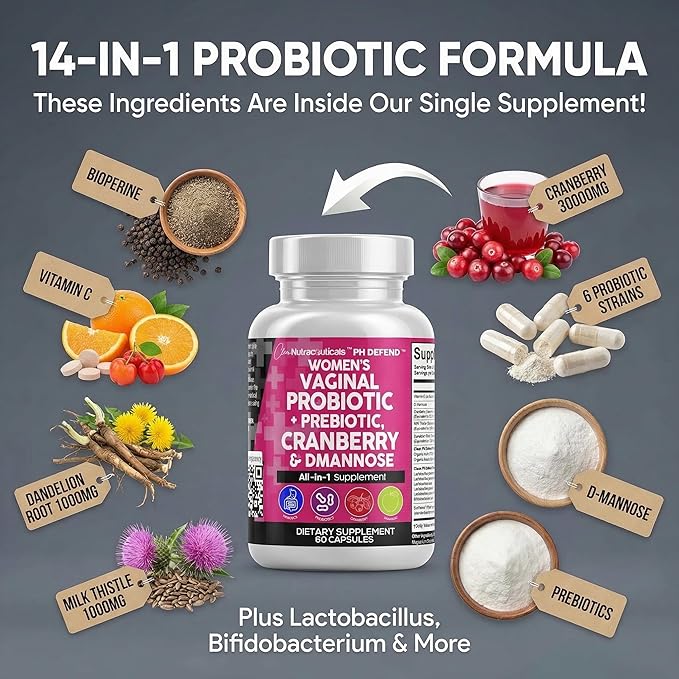 Clean Nutraceuticals Vaginal Probiotics for Women with Cranberry D-Mannose Prebiotics pH Balance Support Feminine Health Urinary Tract Cleanse – Capsule Alternative to Gummies – 60 Count