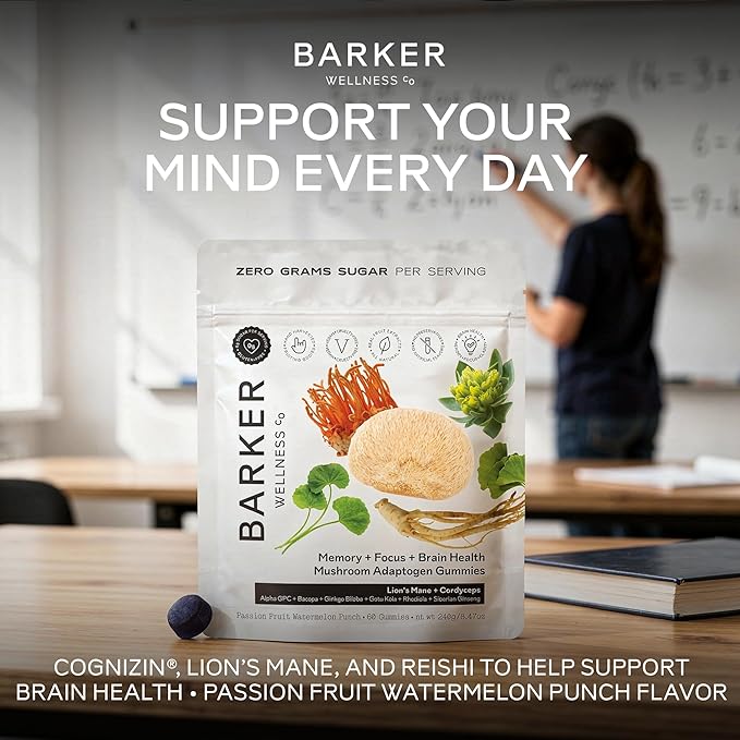 Barker Wellness Mushroom Adaptogen Gummies for Memory &amp Focus Brain Health Supplement with Lion's Mane Cordyceps Cognizin Nootropics Vegan Sugar-Free Passion Fruit Watermelon Flavor- 60 Coun
