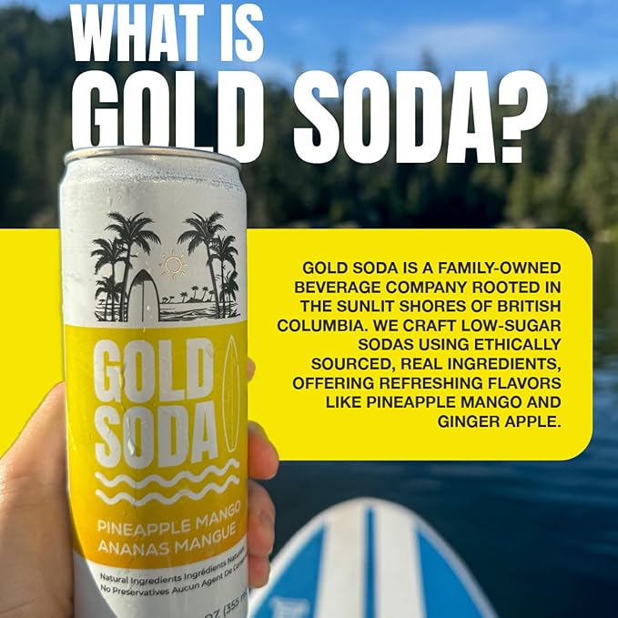 Gold Soda - Natural Ingredients - Organic Cane Sugar - Non-GMO - No Preservatives - Monk Fruit - Sparkling Water - Made with Natural and Organic Flavors 12 Fl Oz (24 Pack) (24 Pack Pineapple Mango)