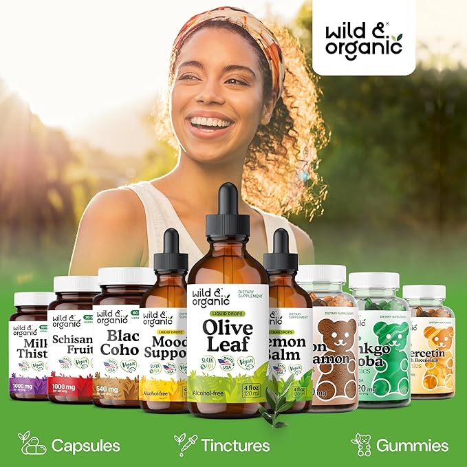Wild &amp Organic Olive Leaf Extract Liquid Drops - Immune &amp Antioxidant Support - Oleuropein Supplement - Add to Tea Olive Leaf Tincture - Vegan Sugar &amp Alcohol Free - 4 fl oz