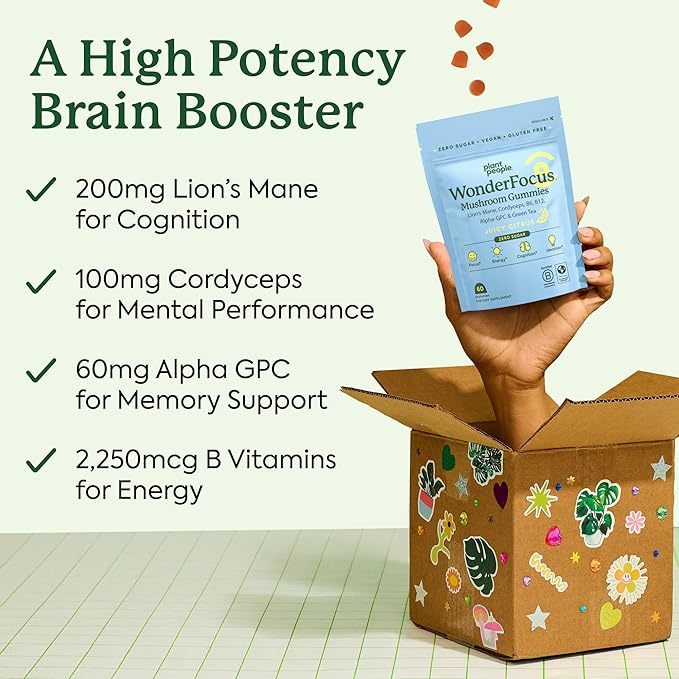 Plant People WonderFocus Mushroom Gummies with Lion’s Mane &amp Cordyceps - Nootropic Brain Supplement Boosts Memory Focus Energy &amp Mood in Adults | No Sugar 100% Vegan Citrus Flavor 60 Coun