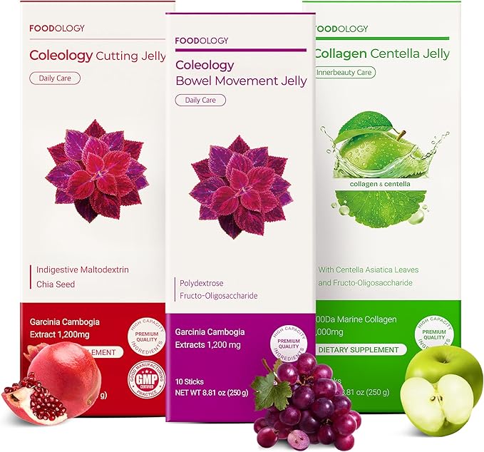 FOODOLOGY Stick Jelly Trio: Cutting &amp Bowel Movement &amp Collagen Jelly Dietary Fiber Supplement Set for Weight Management Gut Health &amp Daily Regularity Collagen Peptide with PDRN