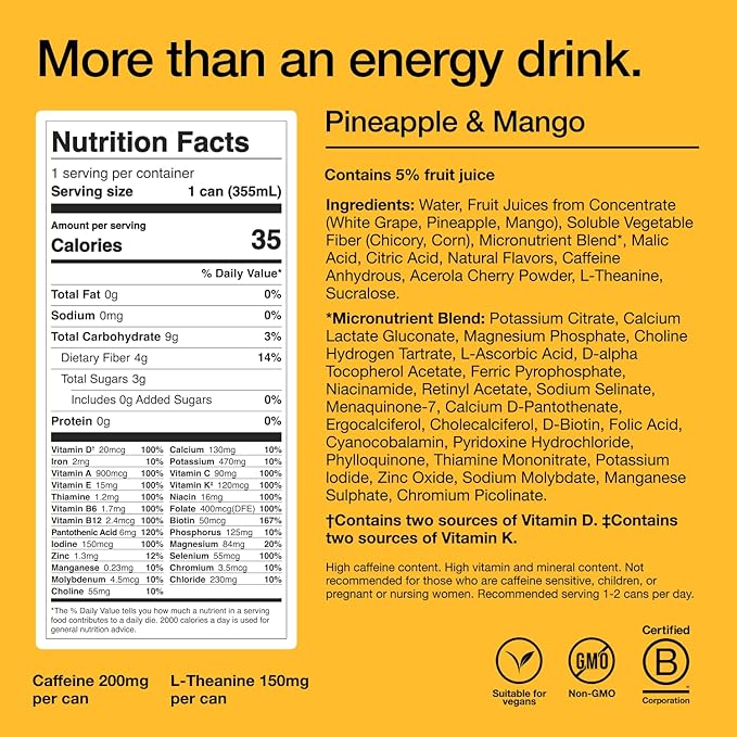 Huel Energy+ | Pineapple &amp Mango Energy Drink | Refreshing Plant-Based Drink with Real Fruit | 200mg of Caffeine and 27 Vitamins &amp Minerals | 35 Calories per 12 FL Oz 12 Pack