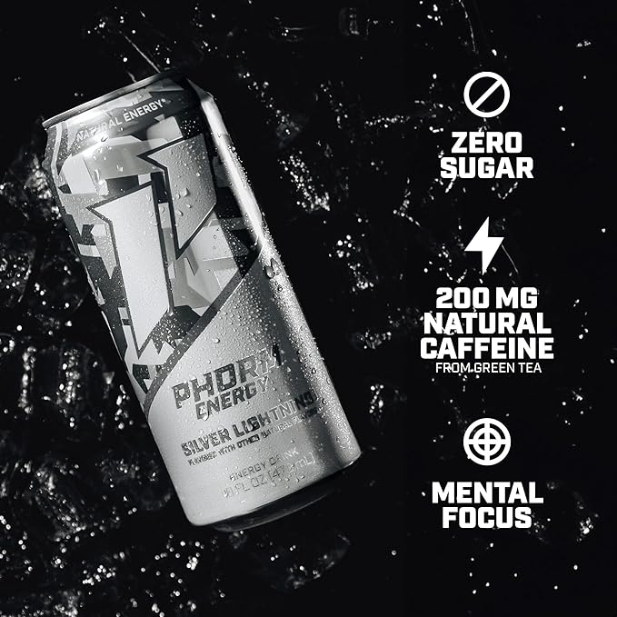 Phorm Energy Drink Silver Lightning Flavor 200 MG Natural Caffeine From Green Tea Sugar Free Carbonated Drink With Electrolytes &amp Vitamin B12 Dairy &amp Gluten Free Vegan 16 FL Oz Cans 12